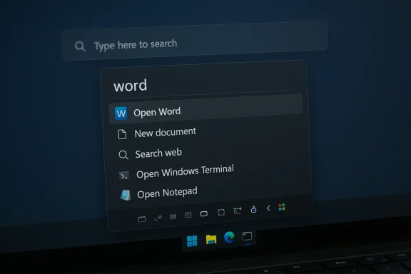 Windows search menu shows “word” with options like Open Word and New document.