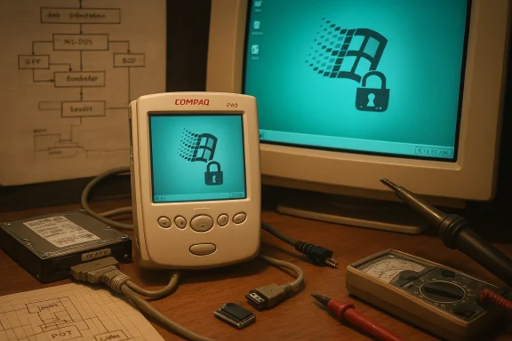 A COMPAQ iPAQ handheld shows a locked icon while connected to computers and electronics on a desk.