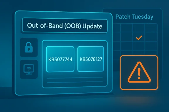 Futuristic graphic showing an “Out-of-Band (OOB) Update” for Patch Tuesday with KB codes and an alert icon.