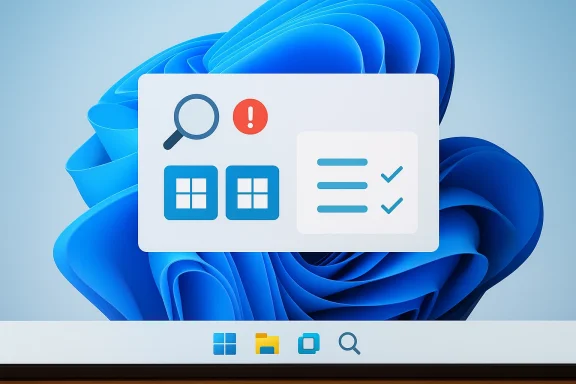 Blue Windows-style desktop shows a search and check-mark icons overlay, suggesting system troubleshooting.