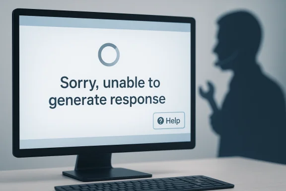 Close-up of a computer screen showing “Sorry, unable to generate response” with a help prompt icon. Close-up of a computer screen showing “Sorry, unable to generate response” with a help prompt icon.