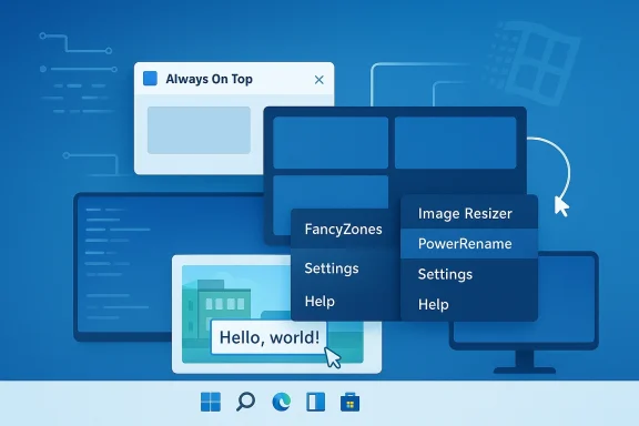 Blue desktop illustration showing overlapping windows and dropdown menus labeled “FancyZones,” “Image Resizer,” and settings.