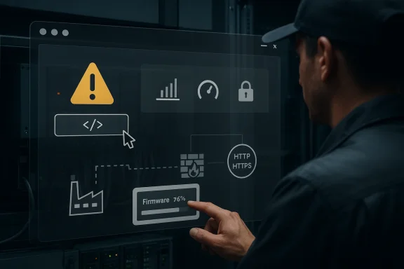 Technician using a tablet to configure firmware 76% on a secure server, with warning and HTTP icons.