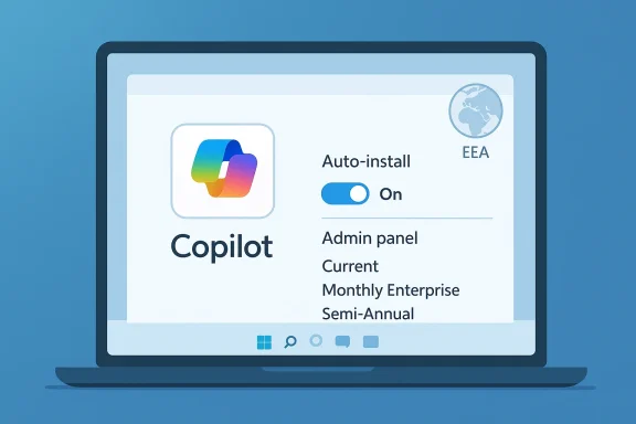 Laptop screen shows Microsoft Copilot setup with Auto-install On and EEA billing options.
