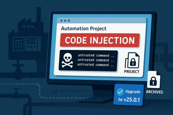 Illustration of a computer screen showing “Code Injection” under an “Automation Project,” with security warning icons.