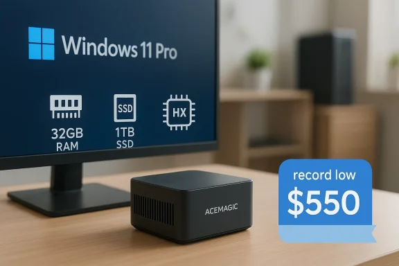 A desktop PC setup with a screen showing “Windows 11 Pro,” RAM/SSD specs, and an ACEMAGIC mini PC.