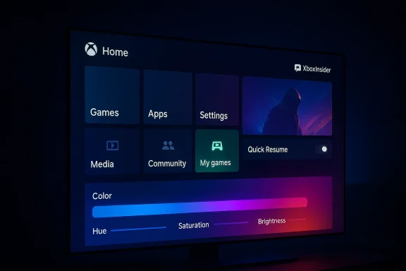 Xbox dashboard screen showing Home menu with Games, Apps, Settings, and Quick Resume.