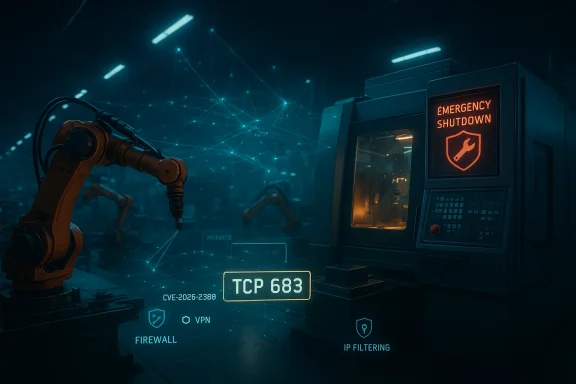 Industrial control system shows “EMERGENCY SHUTDOWN,” with robot arm and “TCP 683” network security overlay.