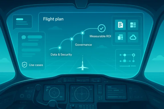 Futuristic dashboard titled “Flight plan” shows governance, security, ROI, and use-case icons.