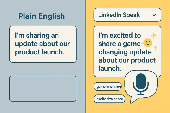 Illustration of LinkedIn-style chat prompts about sharing an excited game-changing product launch update.