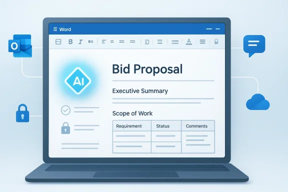 Laptop screen showing a “Bid Proposal” document with AI-themed branding and an executive summary.