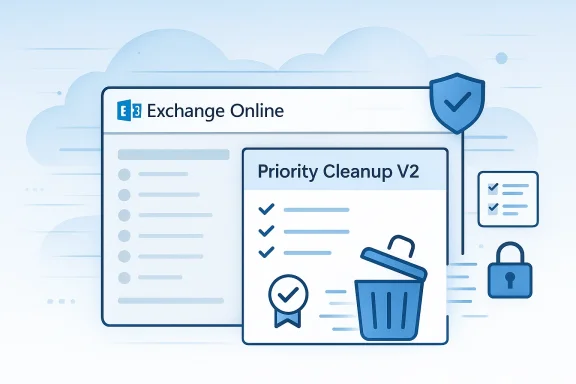 Illustration of an “Exchange Online” dashboard with a “Priority Cleanup V2” panel protected by a shield icon. Illustration of an “Exchange Online” dashboard with a “Priority Cleanup V2” panel protected by a shield icon.