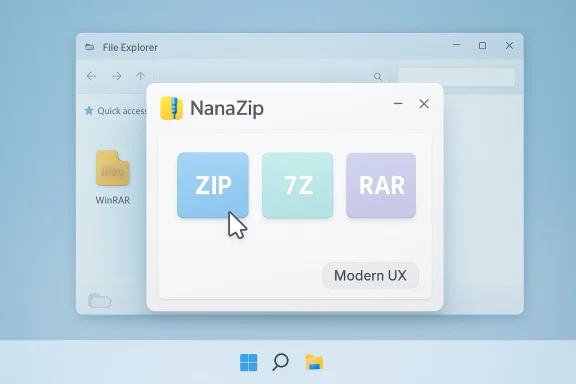 NanaZip file explorer window shows selectable ZIP, 7Z, and RAR icons on Windows.