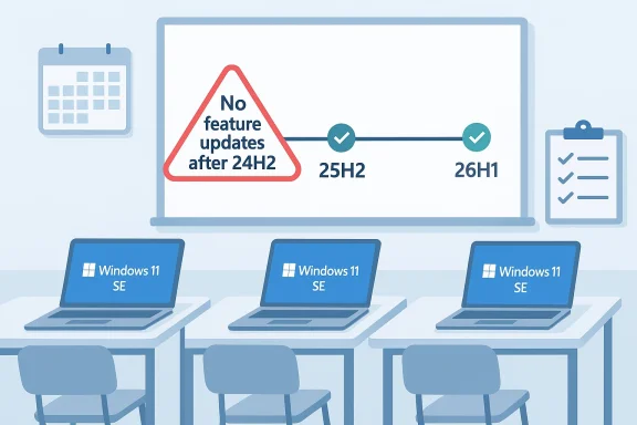 Illustration shows multiple Windows 11 laptops and a warning: “No feature updates after 24H2,” with 25H2/26H1 checked.