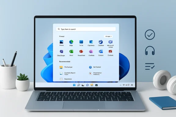 Laptop screen shows a Windows app search/menu with headphones, notebook, and desk items in a bright workspace.