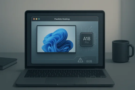 Laptop screen shows “Parallels Desktop” with an A18 Pro chip graphic, on a desk beside a mug.