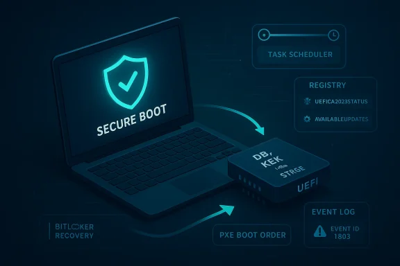 Neon-themed secure boot and registry dashboard on a laptop with a UEFI drive and event log.