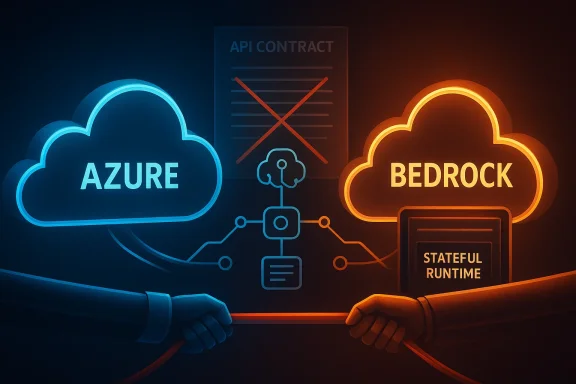 Neon “AZURE” and “BEDROCK” cloud icons face off, with API contract, crossed lines, and “Stateful Runtime” text.