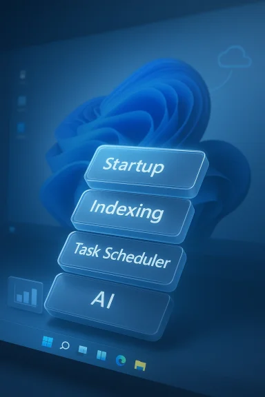 Blue 3D cloud-shaped UI with stacked buttons labeled Startup, Indexing, Task Scheduler, and AI.