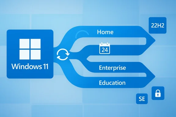 Illustration showing Windows 11 linking to Home, Enterprise, and Education versions with “22H2” and “24” icons.