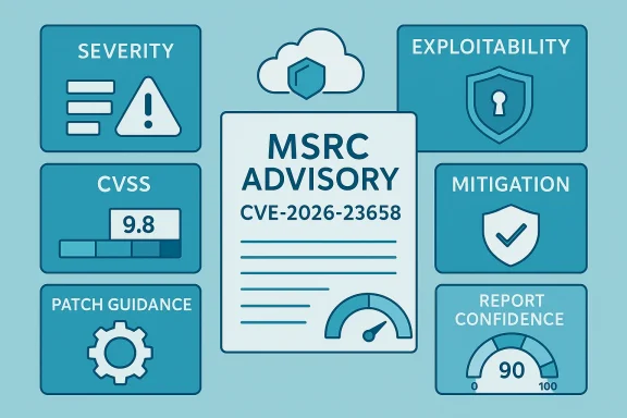 Infographic showing an MSRC advisory for CVE-2026-23658, with severity, exploitability, mitigation, and patch guidance.