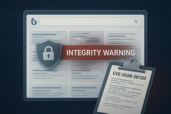 Security warning banner with a shield icon and locked document labeled “CVE-2026-26120” on a computer screen.