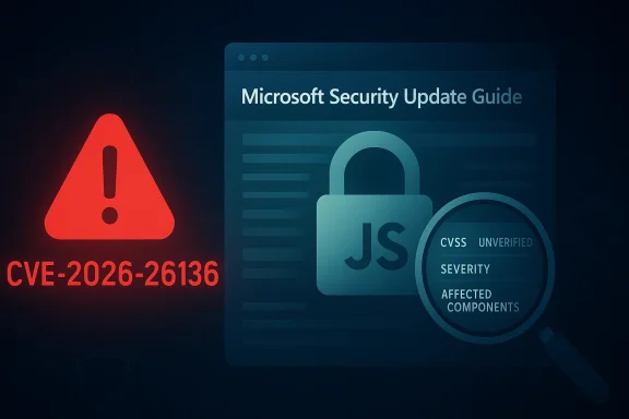 Security warning graphic showing CVE-2026-26136 with a locked “JS” vulnerability update guide.