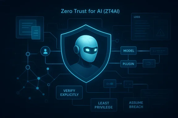 Cybersecurity graphic showing a masked AI inside a shield with “Zero Trust for AI (ZT4AI)” text.