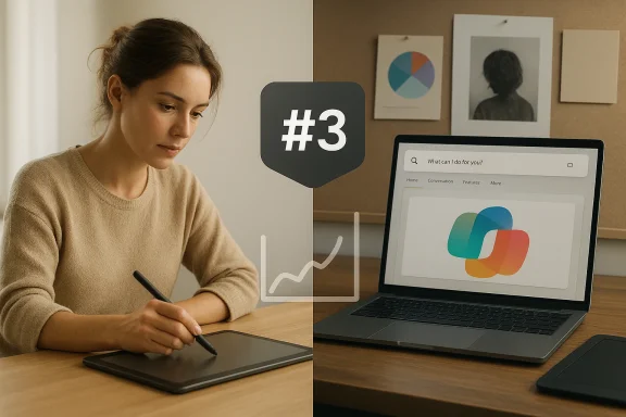 Woman writing at a desk with a laptop showing an assistant interface marked “#3”.