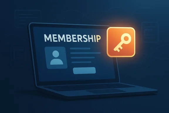 Digital laptop screen showing “MEMBERSHIP” with a glowing key icon, suggesting access or account benefits. Digital laptop screen showing “MEMBERSHIP” with a glowing key icon, suggesting access or account benefits.