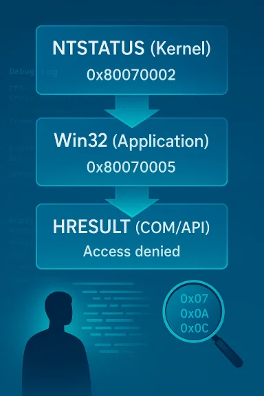 Diagram showing NTSTATUS and Win32 error codes with an HRESULT “Access denied” message. Diagram showing NTSTATUS and Win32 error codes with an HRESULT “Access denied” message.