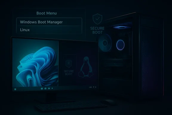 A desktop shows a Secure Boot-themed boot menu with Windows Boot Manager and Linux options.
