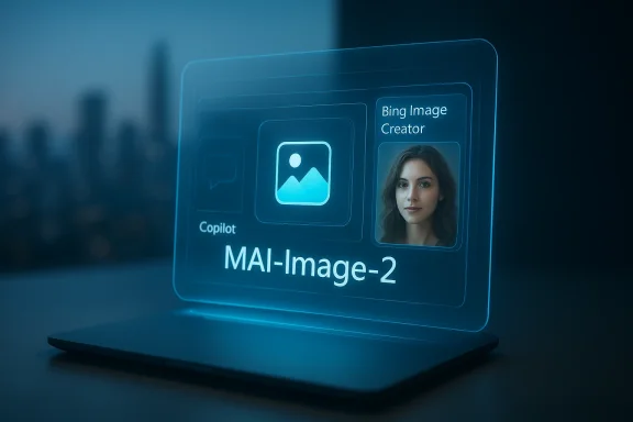 Blue-lit laptop screen displays “Bing Image Creator” and “MAI-image-2” with an AI portrait icon.