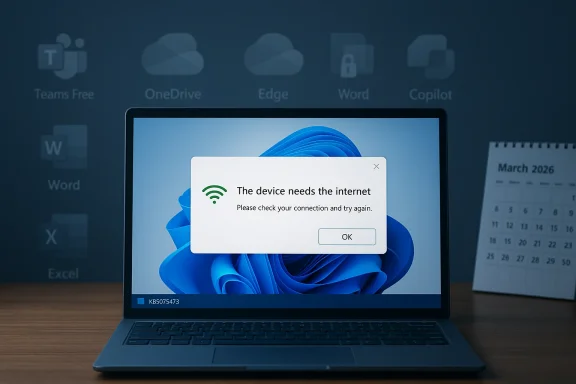 Laptop shows a “device needs the internet” connection error popup on a Windows desktop.