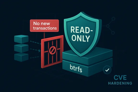 Cybersecurity illustration showing a server shield “Read-only,” blocking “No new transactions,” with btrfs and CVE hardening. Cybersecurity illustration showing a server shield “Read-only,” blocking “No new transactions,” with btrfs and CVE hardening.