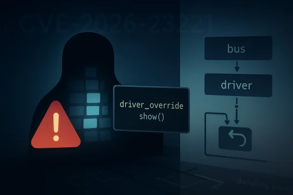 Dark coding-themed graphic showing a driver_override error warning and bus/driver flow diagram.