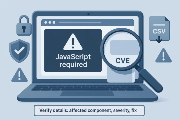 Illustration shows a laptop warning that JavaScript is required, with a magnifying glass and CSV import.