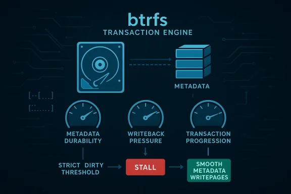 Diagram titled “btrfs TRANSACTION ENGINE” showing metadata handling, writeback pressure, stall, and smooth metadate writepages.