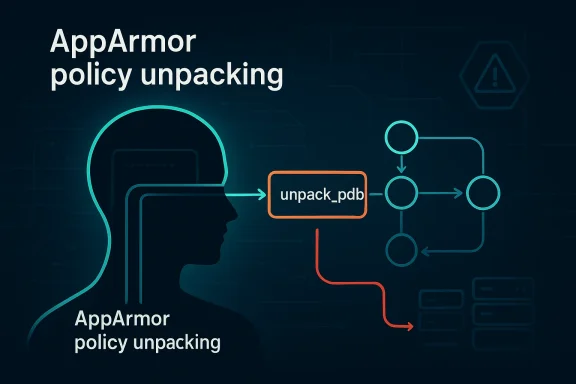 AppArmor policy unpacks application data flow diagram with unpack_pdb and network arrows.