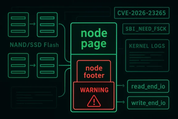 Neon cybersecurity diagram showing node-page data flow with a warning and CVE-2026-23265 label.