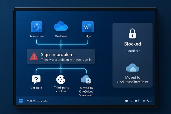 Windows sign-in error screen showing Teams, OneDrive, Edge apps and “Blocked” Cloudflare notice. Windows sign-in error screen showing Teams, OneDrive, Edge apps and “Blocked” Cloudflare notice.
