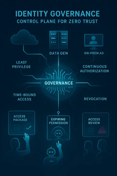 Infographic on identity governance for zero trust, featuring access controls, authorization, and permission workflows.