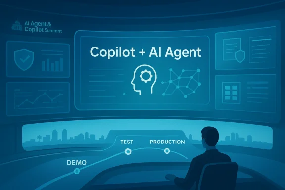 Futuristic cockpit-style screen showing “Copilot + AI Agent” with charts, diagrams, and test/demo tabs.