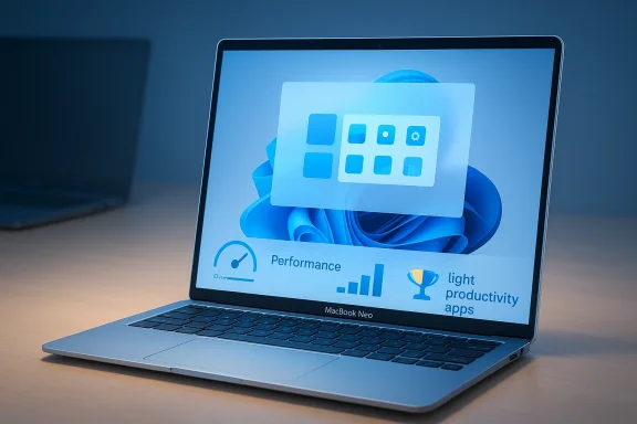 A laptop displays blue Windows-style performance and productivity icons on its screen. A laptop displays blue Windows-style performance and productivity icons on its screen.