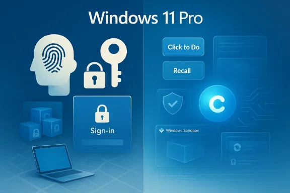 Windows 11 Pro sign-in screen with biometric and security icons on a blue interface.
