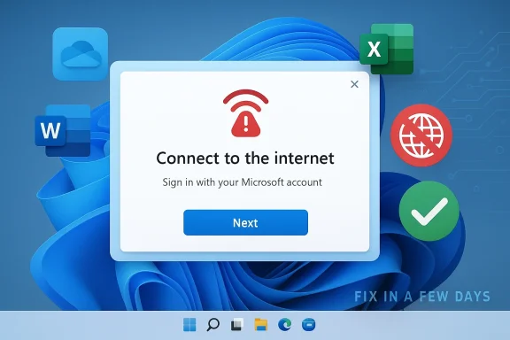 Windows sign-in window prompts “Connect to the internet” with a red Wi‑Fi error icon on the desktop.