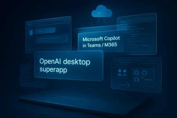 Neon AI interface shows Microsoft Copilot in Teams/M365 and OpenAI desktop superapp on a laptop screen.