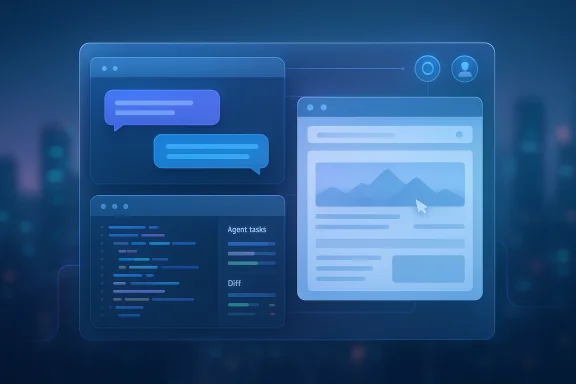 Futuristic blue UI dashboard with agent tasks and chat panels shown on a screen.