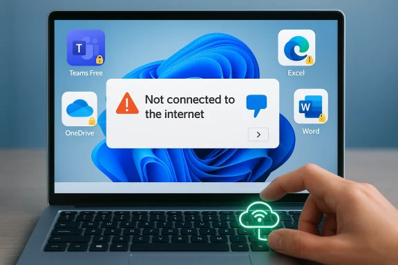 Hand points at a laptop screen showing an “Not connected to the internet” warning with cloud apps icons.