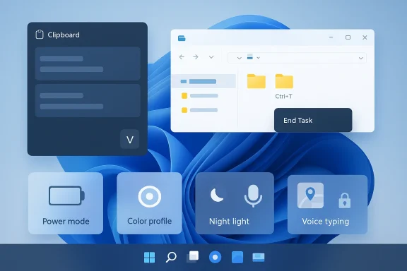 Windows desktop UI mockup with clipboard and task-ending dialog over a blue abstract background.